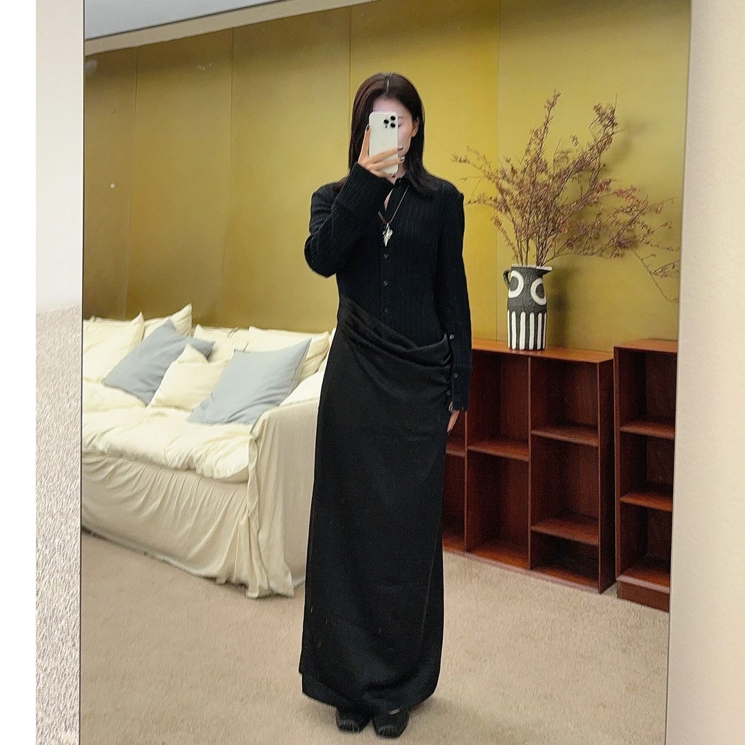 以类设计师品牌yingpei镂空拼接高级气质荡褶连衣裙30451