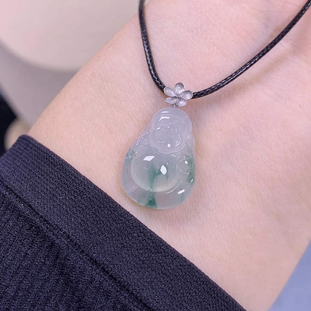 缅甸天然A货翡翠镶嵌18k金冰种飘花财神吊坠礼物时尚19×13.7×5.3