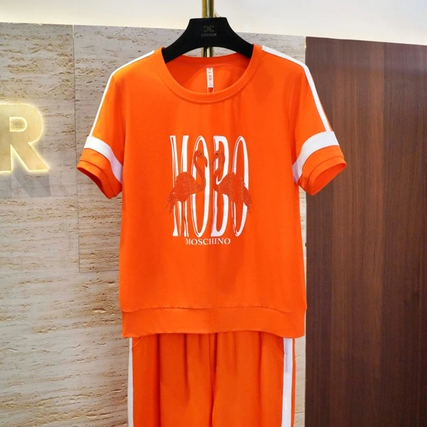 【活力橙色火烈鸟圆领短袖套装】夏季天丝罗马棉T恤时尚女休闲套装