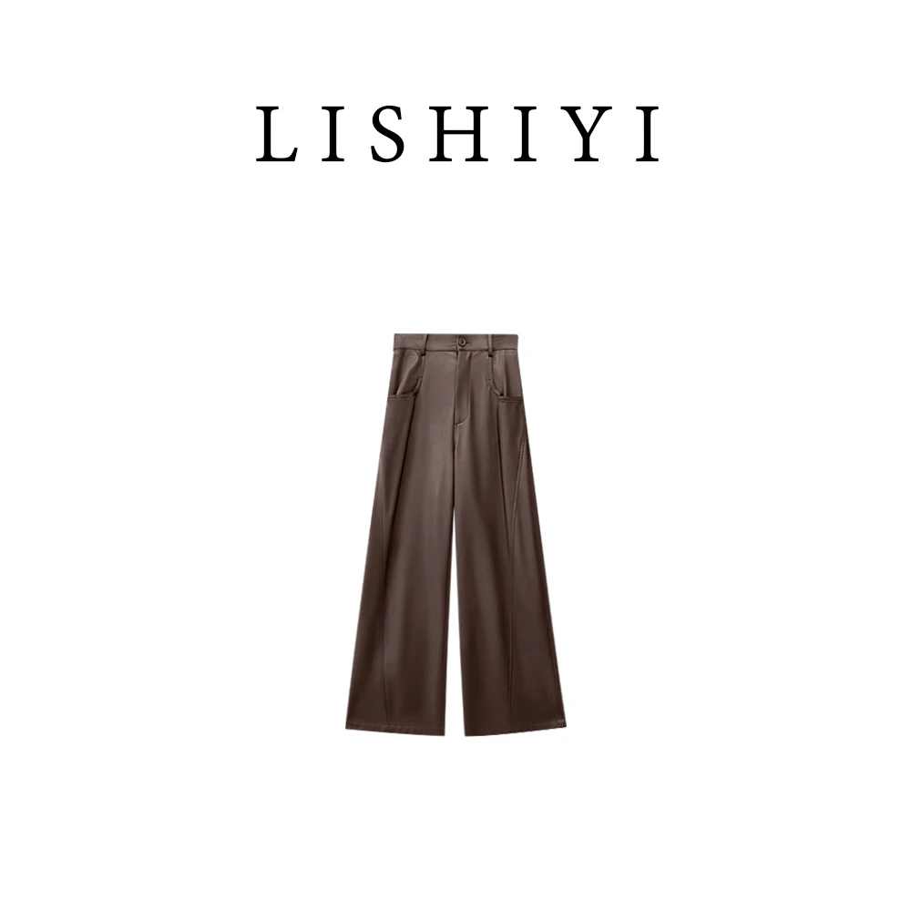 【李十一LISHIYI】韩版小众百搭纯色设计感高腰休闲皮裤073