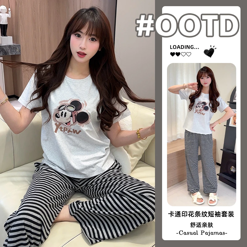睡衣纯棉女士夏季短柚长裤2025套装新款爆款米奇卡通外出款家居服