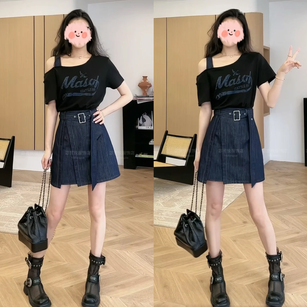 2025夏季时尚韩系假两件露肩印花拼接收腰连衣裙设计感气质连衣裙