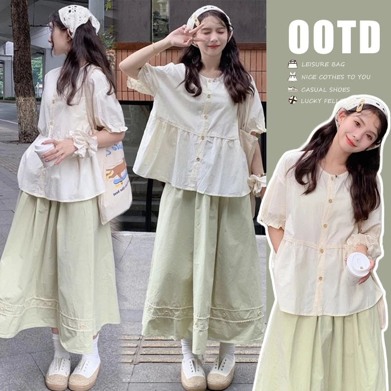 2025夏季新款圆领减龄显瘦衬衫+浅绿色清新半身裙休闲孕妇两件套