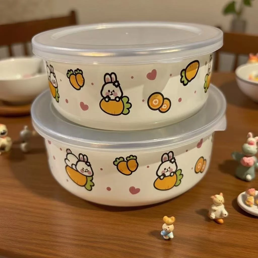 福利搪瓷胡萝卜兔迷你保鲜碗保鲜盒冰碗冷藏饭盒2件套无涂层零食*