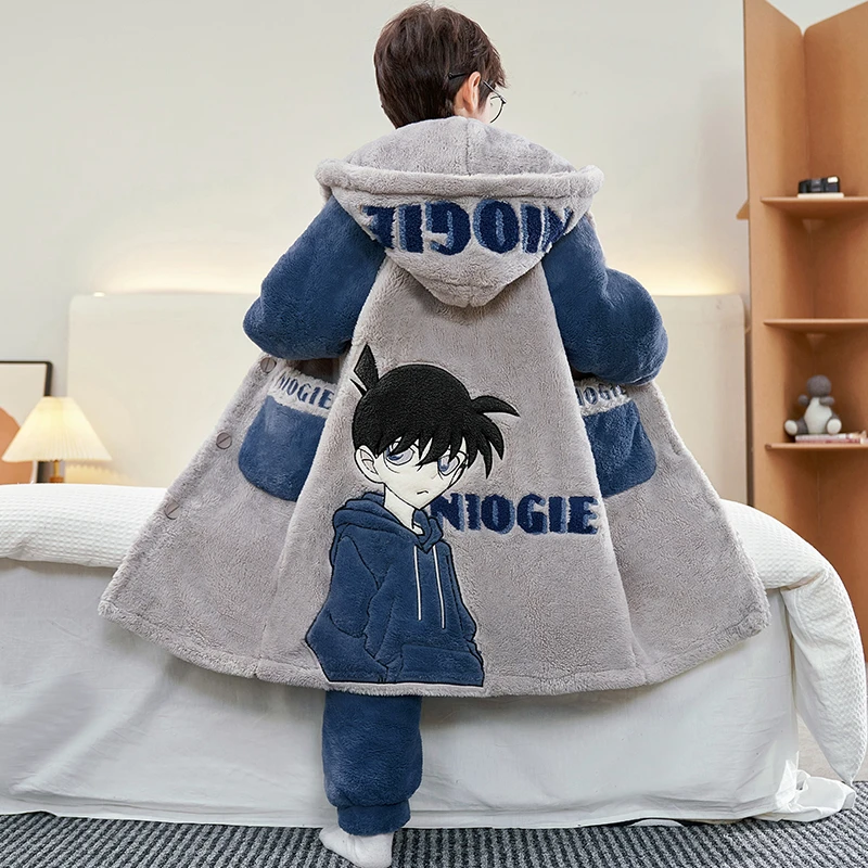 2025新款睡衣男秋冬季珊瑚绒加绒加厚中大童名侦探柯南睡袍家居服