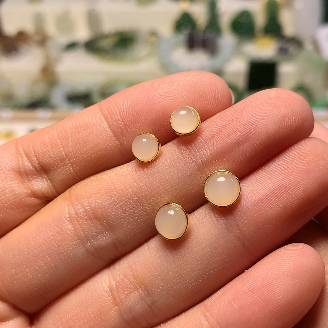 银S925镀金镶嵌和田玉（青白玉）耳饰