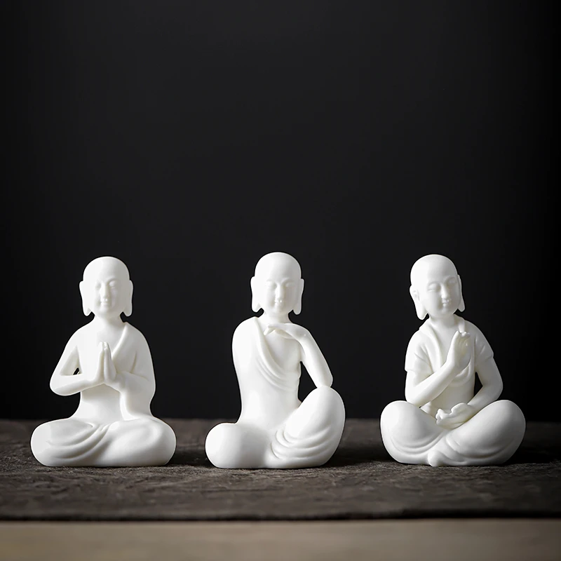 禅意白瓷小和尚客厅家居书房茶道小沙弥人物茶玩工艺品装饰摆件