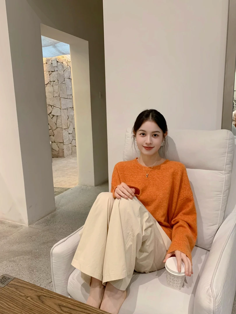 【柿柿如你】针织慵懒风橘色毛针织衫上衣休闲宽松杏色长裤两件套装