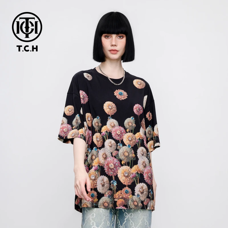TCH 烫钻繁花簇锦趣味印花时尚休闲短袖情侣款T恤T75B106052