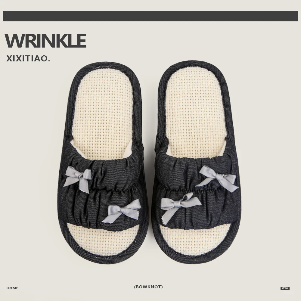 细细条 学生春夏居家吸汗空调房地板鞋日系蝴蝶结网红棉麻拖鞋女