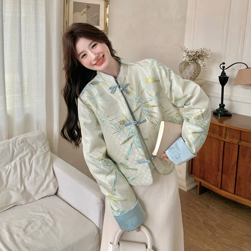 新中式羽绒服女2024冬季新款竹叶印花国风盘扣门襟白鸭绒内胆外套