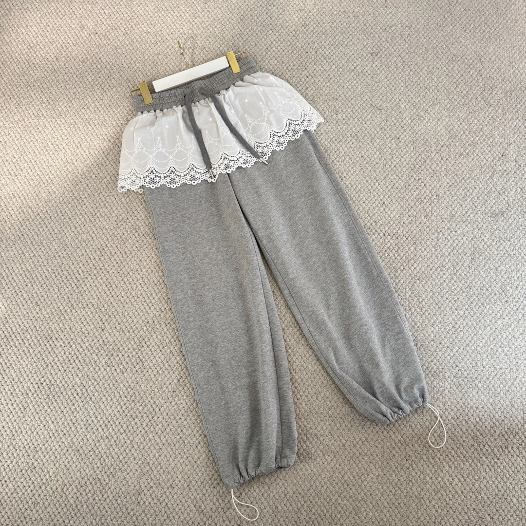 2025早春新款气质宽松蕾丝拼接短裙卫裤阔腿裤女显瘦长裤JN7179