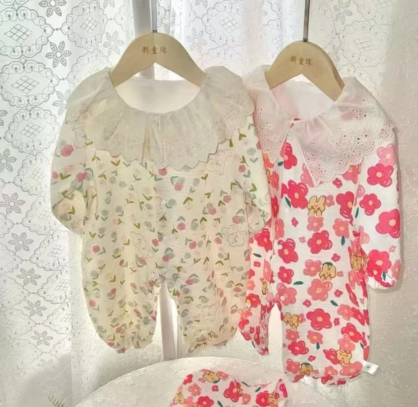 婴儿连体衣春秋外出新生儿满月衣服纯棉百天宝宝哈衣双层公主爬服