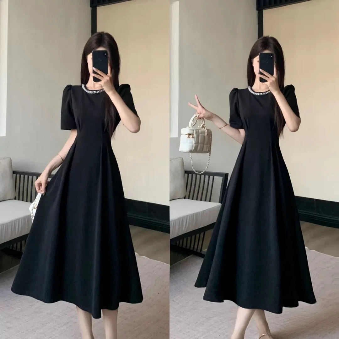 珍珠黑色短袖连衣裙子女新款赫本风小个子a字法式长裙气质XY