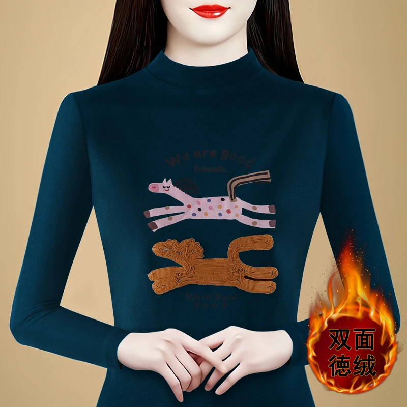 实拍 2025秋冬新款双面德绒加厚半高领长袖t恤内搭妈妈装上衣女