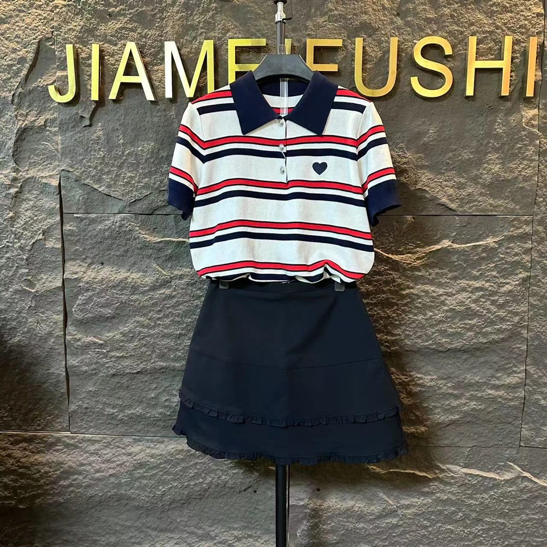 2025新款夏季条纹翻领短袖拼接藏蓝色花边半裙时尚休闲套装1275