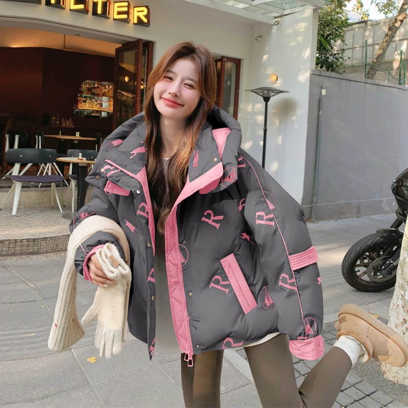 小众ins风字母印花羽绒服2025冬季新款休闲设计感90白鸭绒面包服