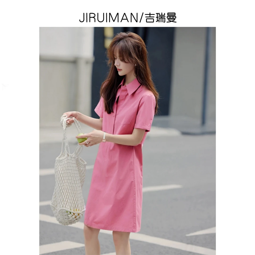 JIRUIMAN/吉瑞曼夏季简约宽松系带工装风纯色短袖衬衫连衣裙X146