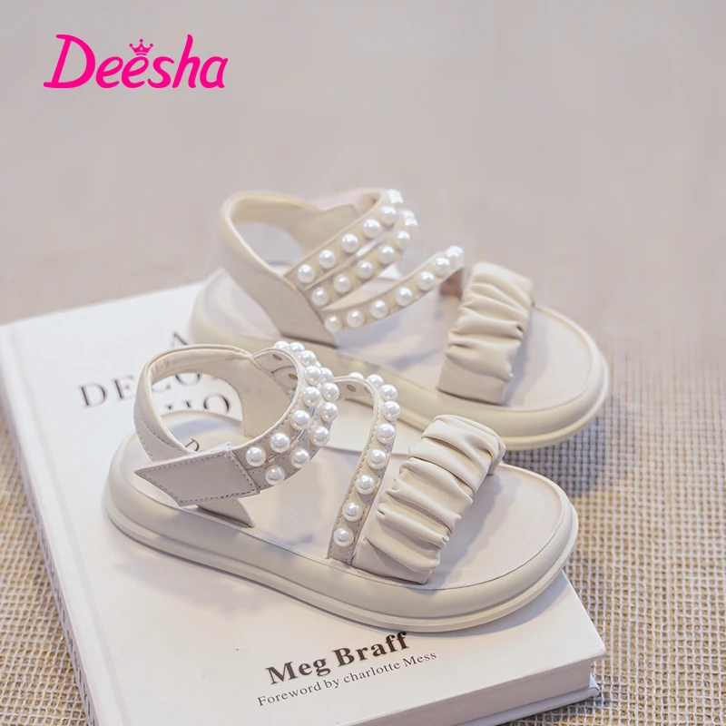 笛莎2025夏季女童新款珍珠时尚凉鞋女孩时尚百搭公主风沙滩鞋