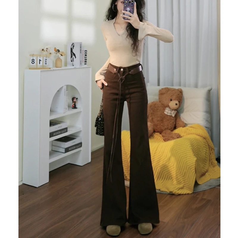 送腰带）高腰微喇牛仔裤女新款秋冬高腰弹力不贴腿喇叭长裤百搭