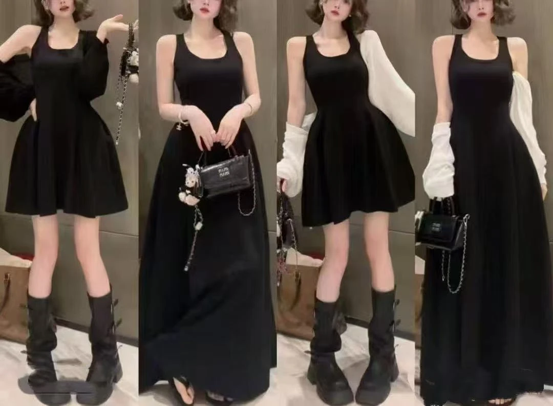 2025新款韩版时尚双肩吊带连衣裙宽松路肩气质薄款开衫两件套