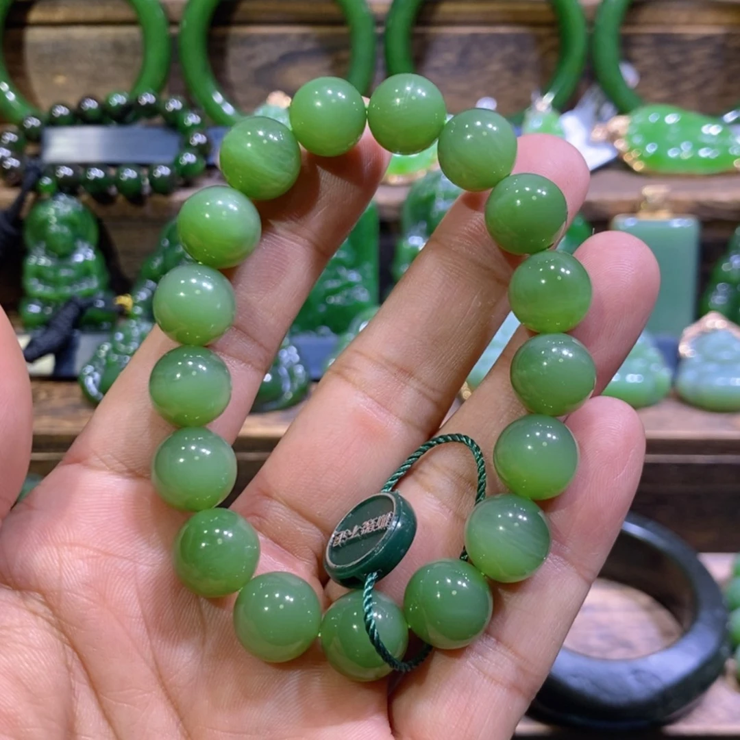 【闪购商品】和田玉未镶嵌吊坠(不含链)俄料冰底阳绿手串 12
