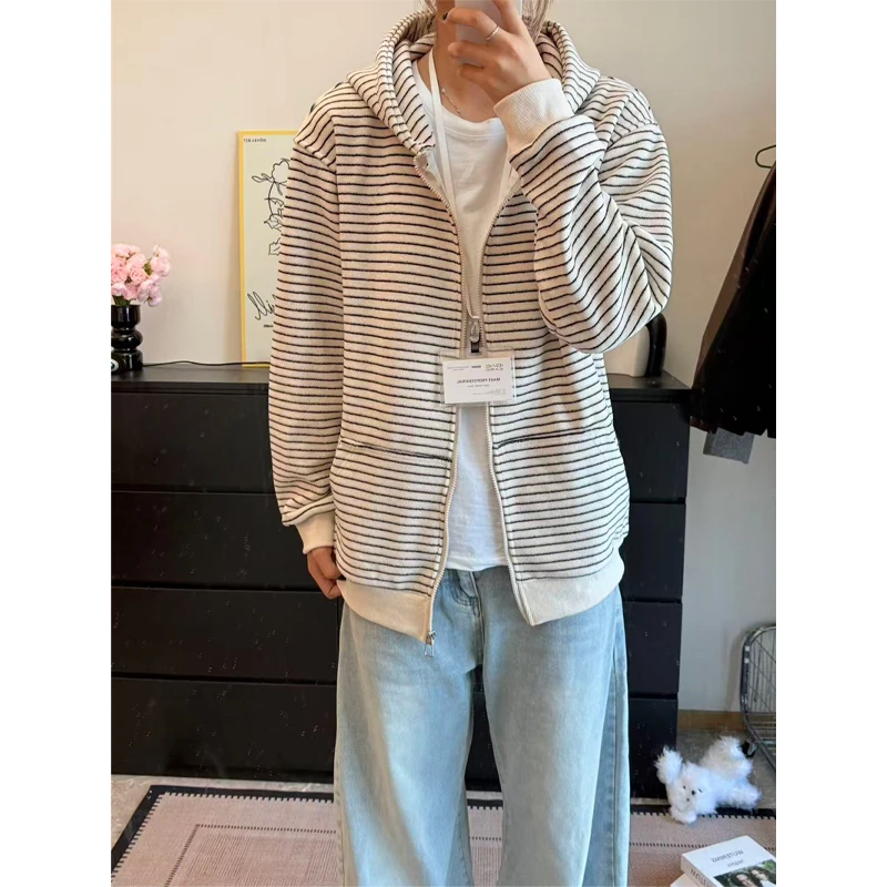 美式复古条纹针织外套男秋季慵懒风开衫卫衣cleanfit情侣连帽上衣