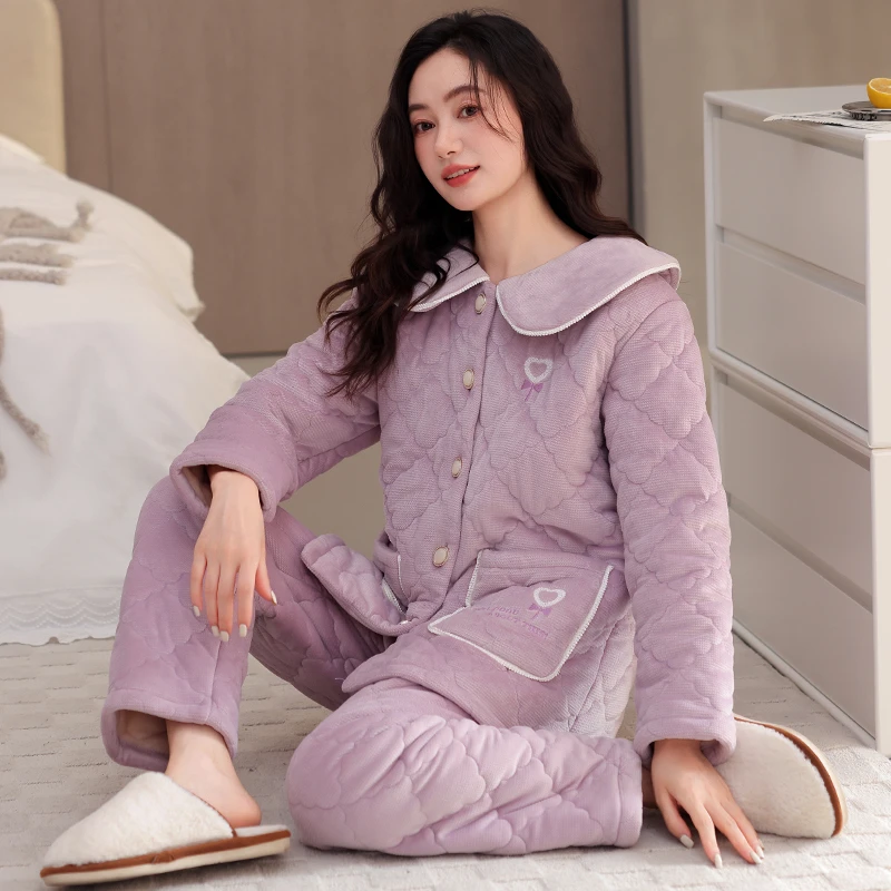 睡衣女秋冬季保暖长袖甜美三层加绒加厚夹棉柔软法兰绒家居服套装