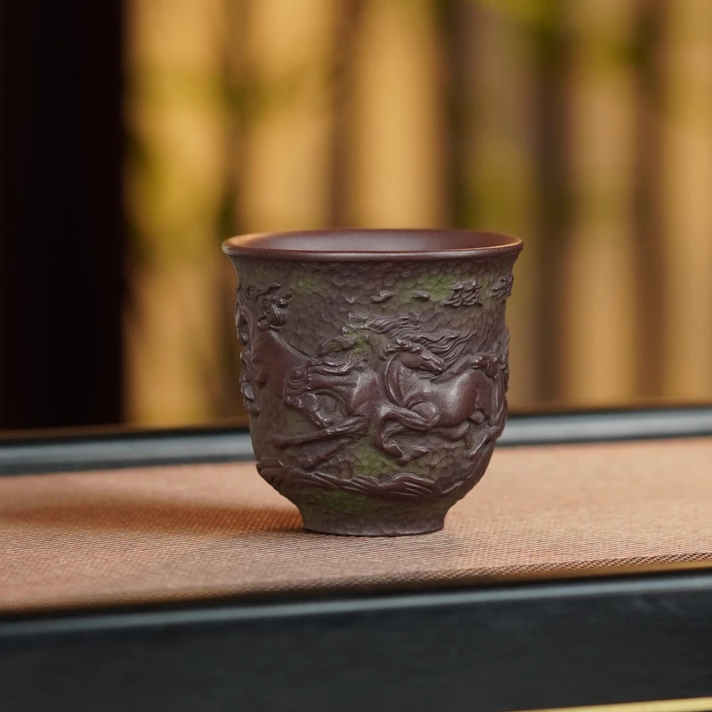 宜兴原矿紫砂紫泥粉浆八骏雄风铃铛杯全手工高端主人杯品茗杯