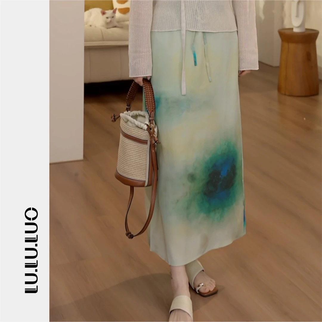 LULULUO「青黛」高腰显瘦百搭长裙复古水墨印染桑蚕丝半身裙LAQ5007