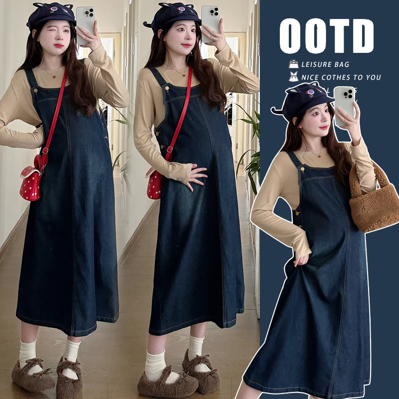 孕妇装牛仔背带裙长裙韩版深蓝色牛仔裙春装减龄背带牛仔裙女夏季