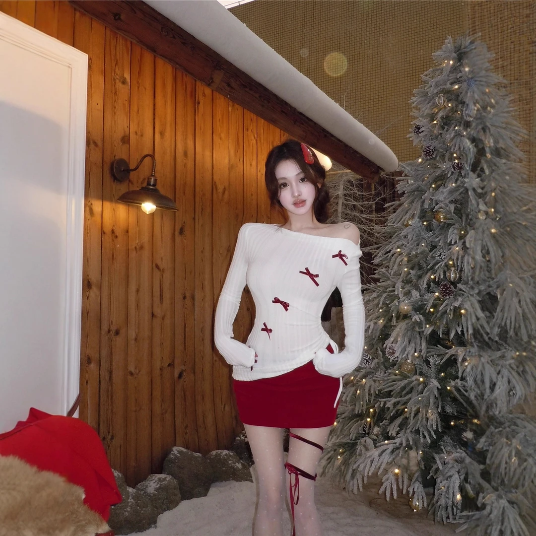 实拍纯欲收腰显瘦白色打底衫内搭长袖露肩针织衫包臀裙套装两件