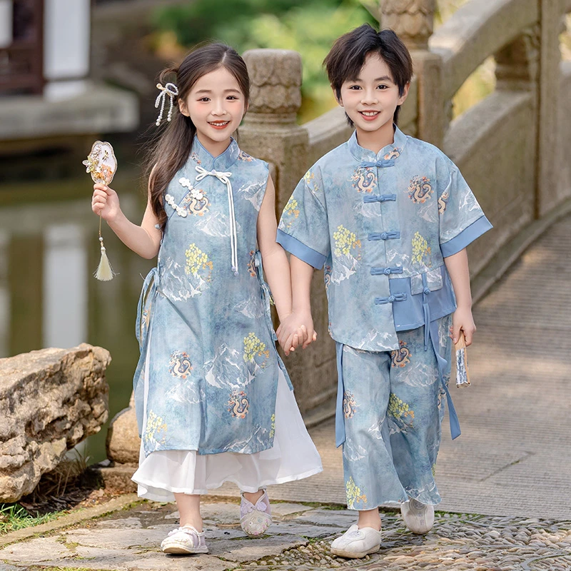 汉服男童古风夏装2025新款宝宝唐装女童旗袍国风新中式儿童演出服