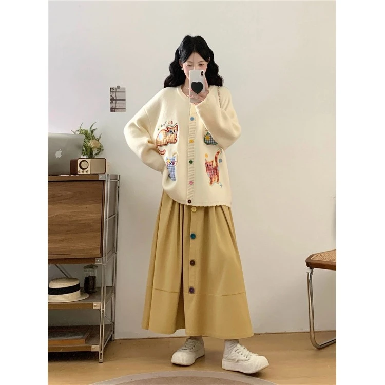 大码慵懒风时尚套装女秋季胖MM宽松休闲毛衣软糯高腰半身裙两件套