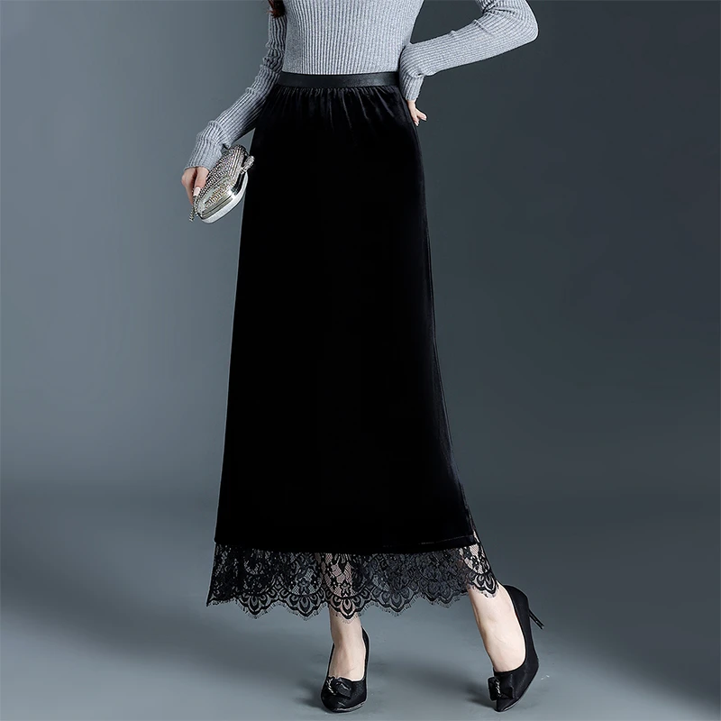 金丝绒蕾丝拼接半身裙女2025秋冬季新款高腰显瘦a字到脚踝长裙子