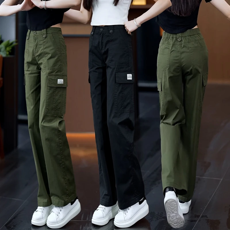透气口袋工装裤女运动休闲裤字母高腰宽松百搭春夏季薄款直筒裤子