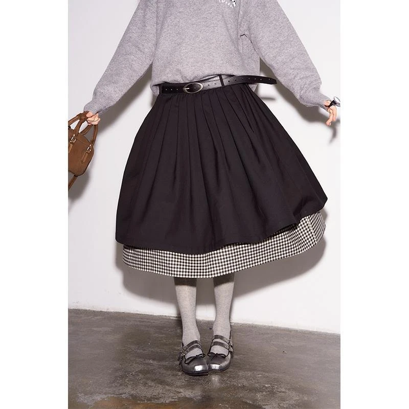 DIDDI MODA 格纹拼接半身裙 K7300