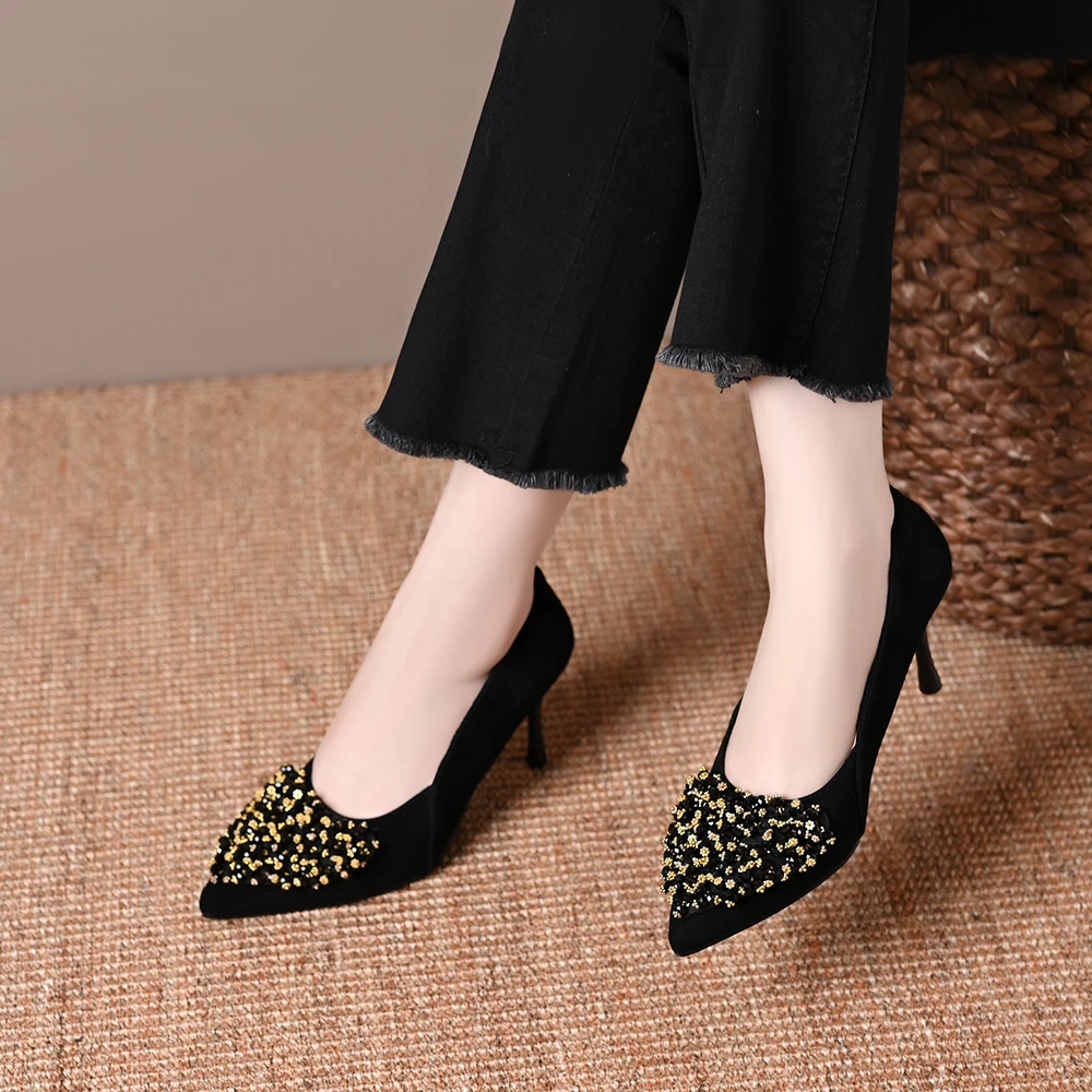 真皮羊皮浅口高跟鞋尖头细跟气质中跟职业工作鞋单鞋久穿不累女鞋