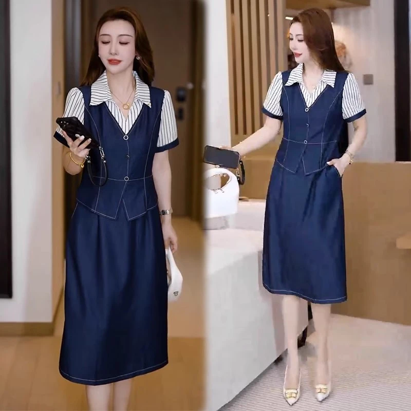 牛仔连衣裙女2025夏季新款时髦洋气中长款条纹拼接假两件休闲裙子