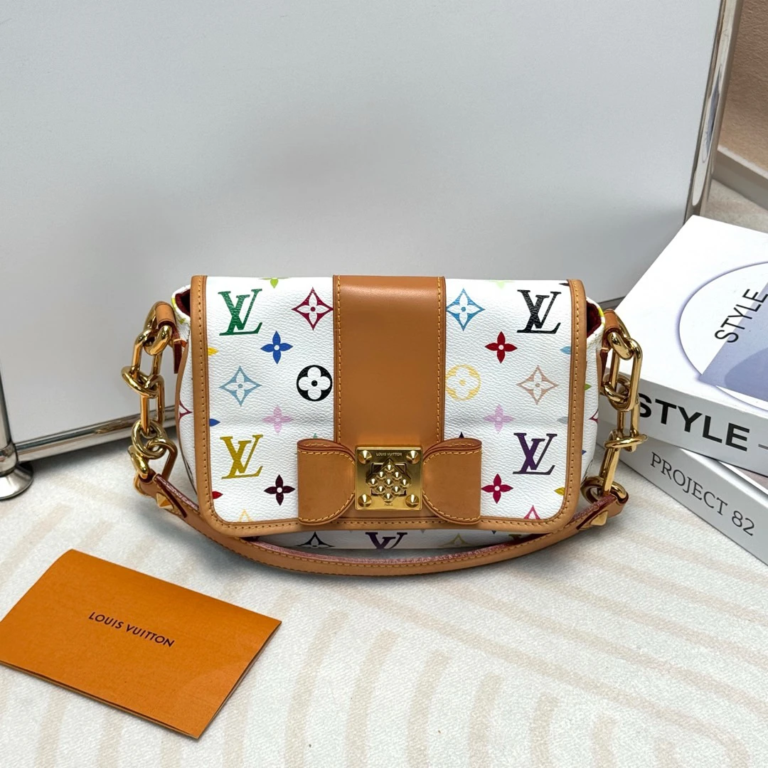 95新 LouisVuitton/路易威登 白三彩蝴蝶结翻盖单肩包/698452814
