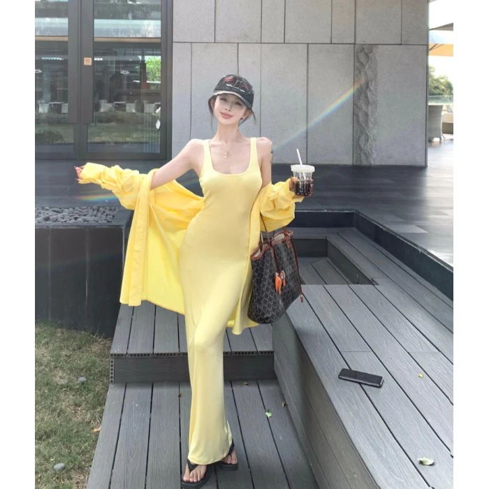 黄色polo领长袖衬衫外套女夏季休闲套装吊带连衣裙鱼尾长裙两件套