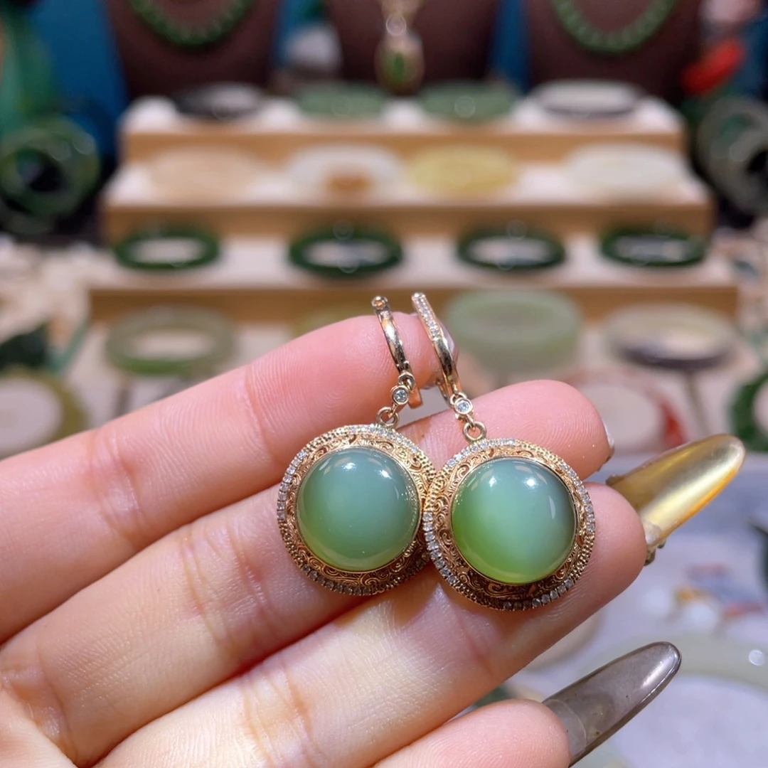 和田玉高品18Ｋ猫眼耳环18K金镶嵌