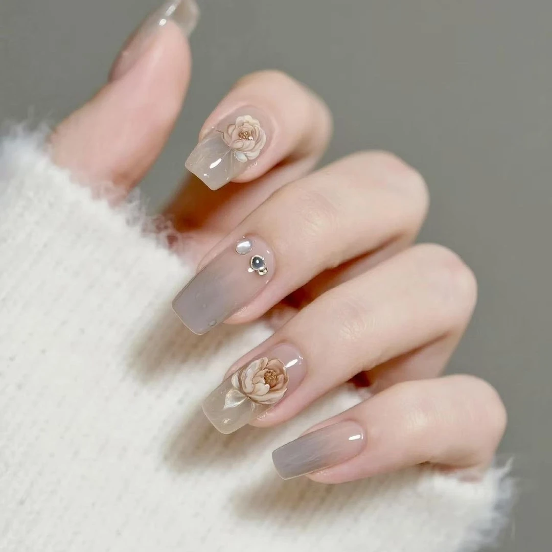 俊雅纯手工穿戴甲中长款冰透法式猫眼裸色显白高级感穿戴美甲贴片