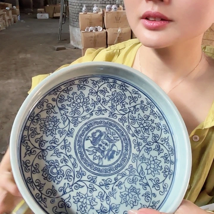 景德镇高温陶瓷麻茶盘缠枝莲