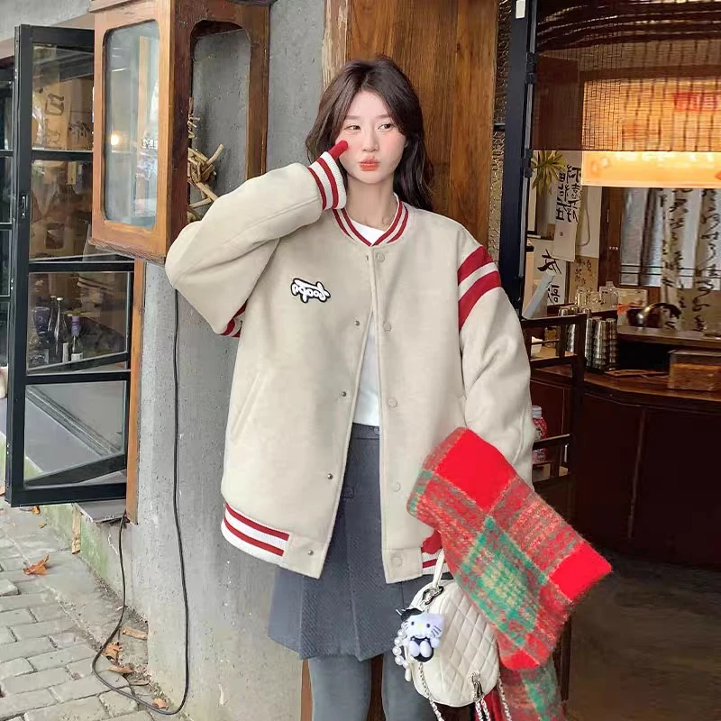 新款韩版时尚拼接撞色学院风夹棉加厚毛呢棒球服外套