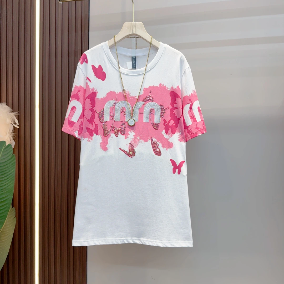 欧洲站2025夏季新款胖mm潮流宽松显瘦镶钻短袖复古涂鸦圆领T恤女
