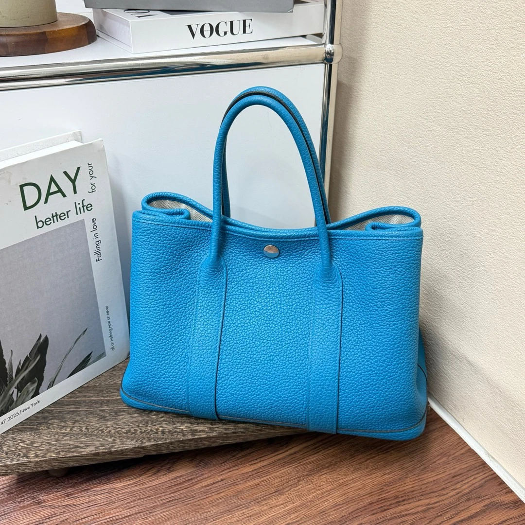 95新 Hermes/爱马仕 松石蓝 银扣 Negonda皮 花园包30/663255600