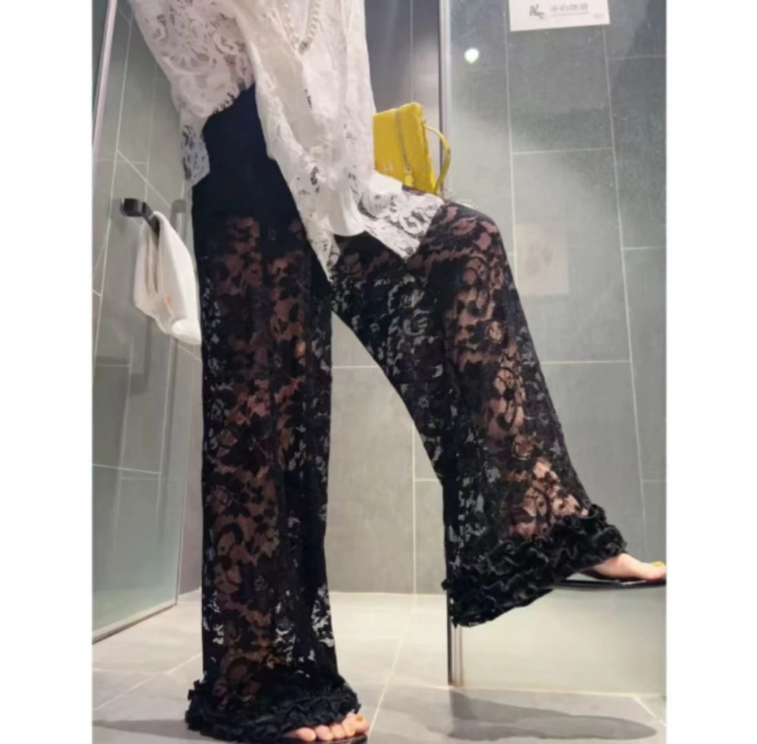依依家大码女装3335夏季防晒长裤蕾丝花边裤显瘦凉快百搭弹力腰