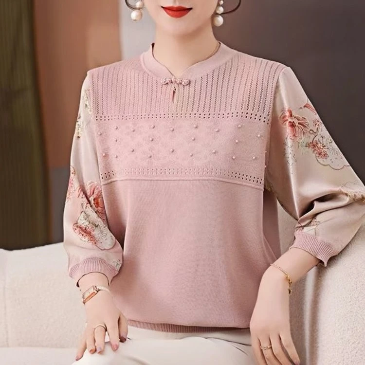 妈妈装春夏新款冰丝针织七分袖拼接洋气小衫中老年阔太太服装专卖