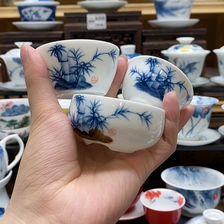 手绘竹子杯子三个装 不同款釉下彩微瑕福利款